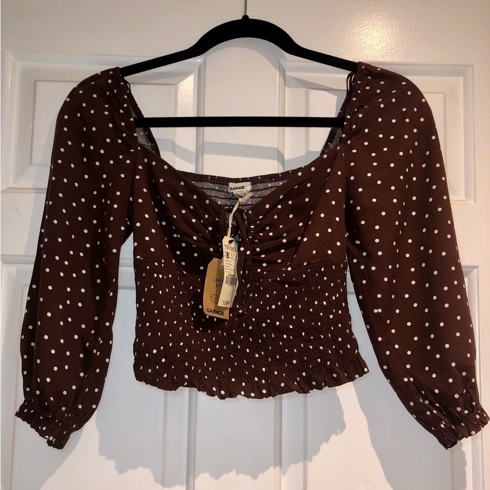 BNWT Garage Brown Polka Dot Women's Bubble Sleeve Blouse Top - XS - Picture 7 of 12